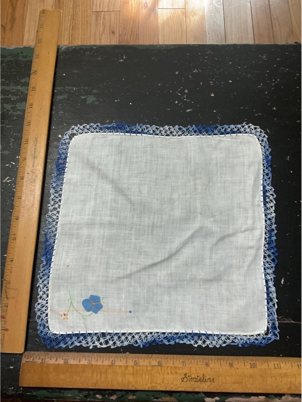 Vintage White Handkerchief with Blue Floral Embroidery and Crochet Edge